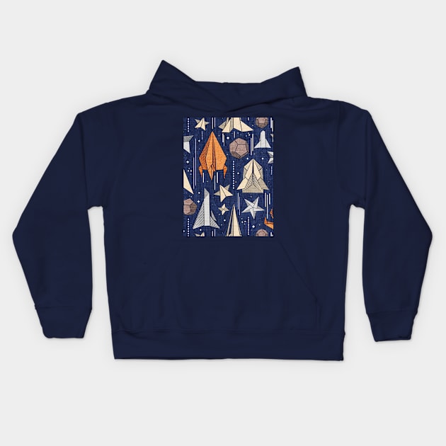 Reaching for the stars // pattern // navy blue background ivory grey brown and orange origami paper asteroids stars and space ships traveling light speed Kids Hoodie by SelmaCardoso